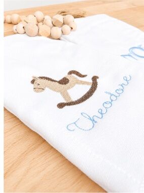 Embroidered Rocking Horse Baby Burp Cloth with Theodore - 3ply diaper burp cloth